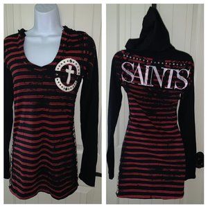 THE SAINTS SINPHONY Black Red Striped Sz L Hooded Long Shirt Or Short Dress EUC